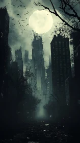 Moonlit ruined city street with decayed high-rise towers.