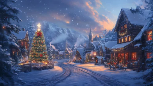 Snow-dusted village pauses as the Christmas lights breathe