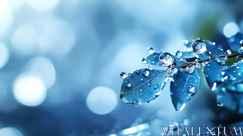 Glittering raindrops rest delicately on cool blue leaves.