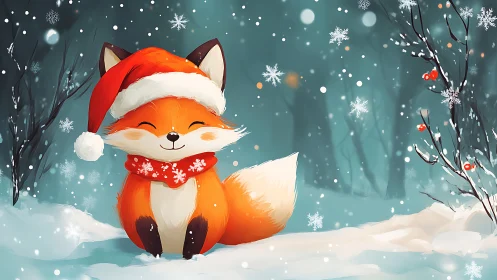Cartoon fox in winter forest wears Santa hat and scarf