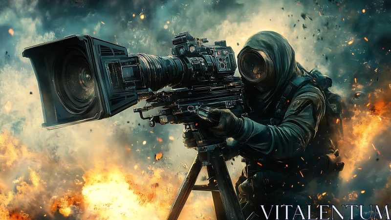 Cinematic combat cameraman amidst explosive battlefield chaos.