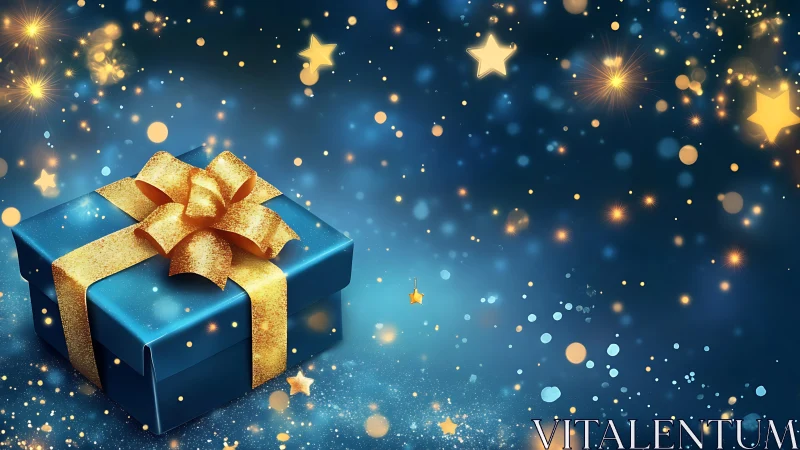 Sparkling blue gift box glows amid golden festive starlight.