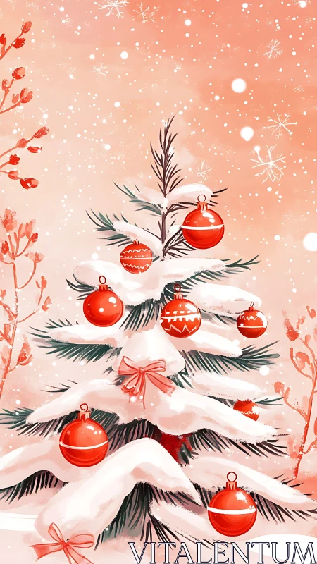 Snow-covered Christmas fir with red glass baubles illustration.