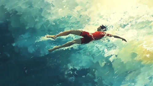 Swimmer in red drifts through sunlit turquoise water peacefully.