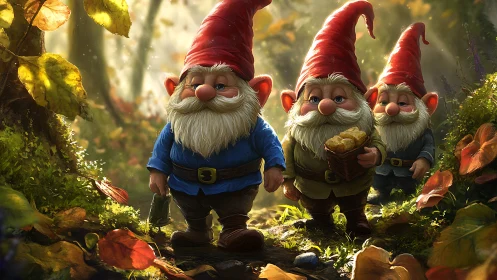 Forest gnomes walking through sunlit autumn path.
