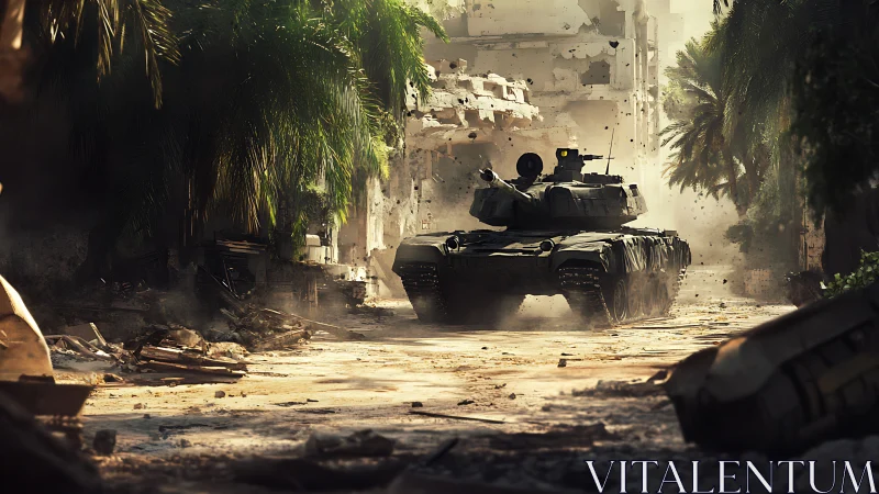Main battle tank advances through ruined palm-lined street