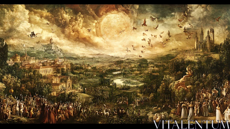 Golden celestial valley alive with castles, clouds, and crowds.