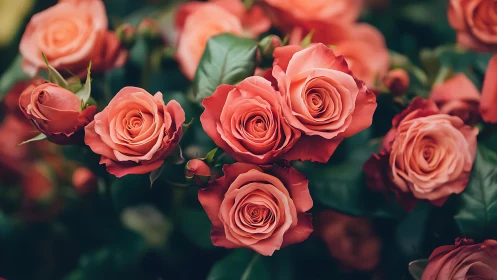 Coral Roses in Natural Bloom: Botanical Study with Depth.