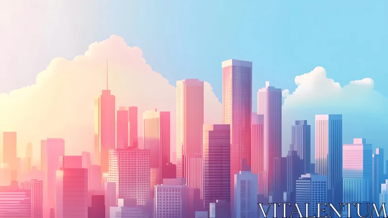 Pastel skyscraper skyline glows under soft sunrise light.