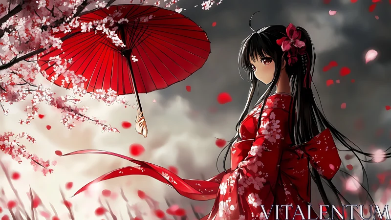 Cherry blossom girl in red kimono under softly drifting petals.