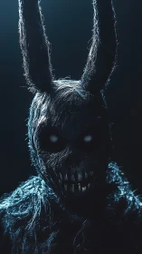 Eerie moonlit rabbit figure wrapped in textured shadow.