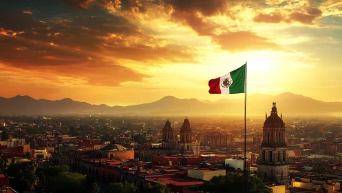 Mexican flag waves above Mexico City skyline at sunset.