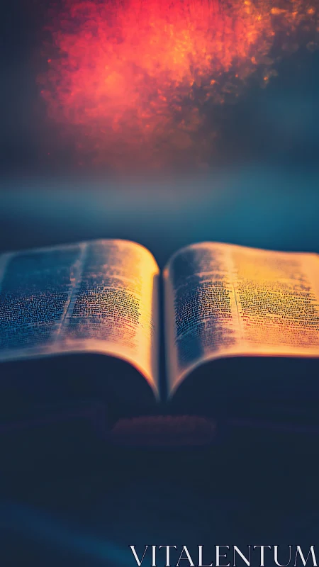 Open book in low light with warm illuminated pages.