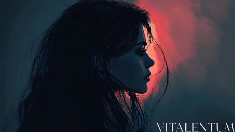 Side profile of woman in moody red and blue light.