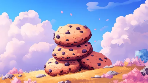 Three Stacked Chocolate Chip Cookies in Dreamlike Sky.