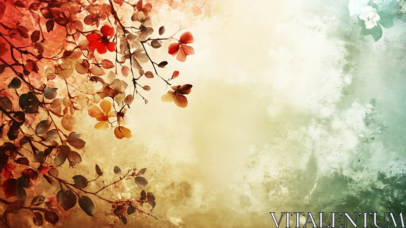 Abstract autumn branches over warm textured gradient sky.