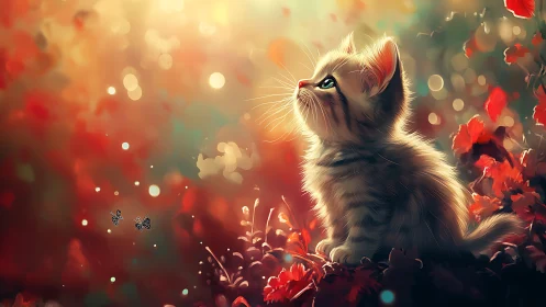 Golden Kitten Gazes Upward Among Red Flowers.