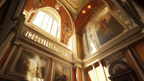 Sunlit baroque hall where golden frescoes breathe quietly.