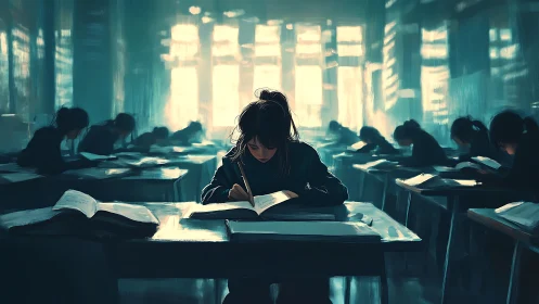 Student studying alone in dim classroom with blue light.