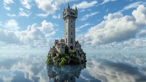 Medieval castle tower rendered on isolated rocky outcrop with photorealistic atmospheric sky and wat