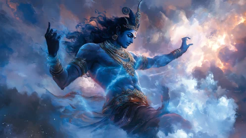 Celestial blue deity dancing amid turbulent luminous clouds