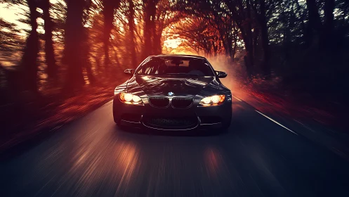 BMW coupe powers through cinematic dusk forest tunnel.