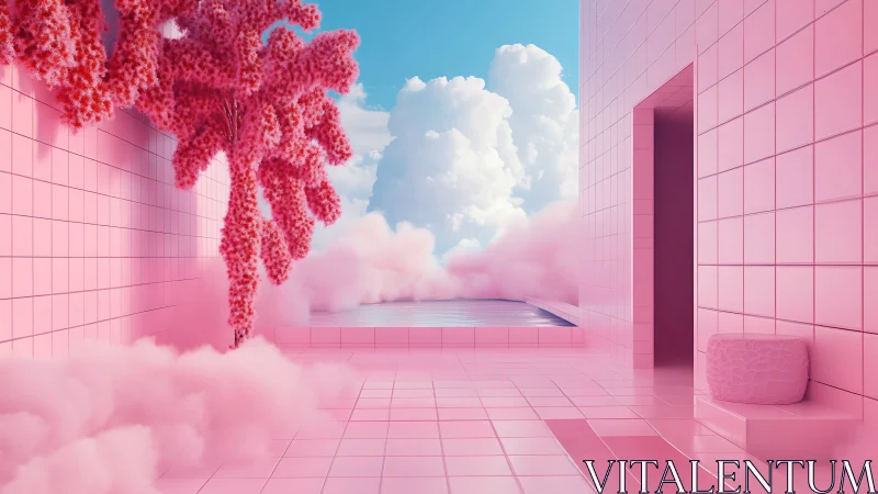 Surreal pink rooftop pool opens into dreamy cotton clouds