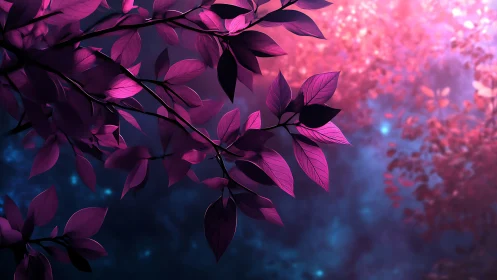 Vibrant Pink Leaves Against Dreamy Blue and Purple Background.