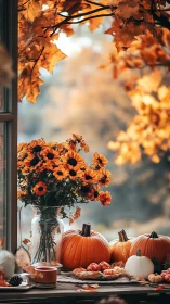Pumpkin window glow and golden leaves in cozy autumn light.