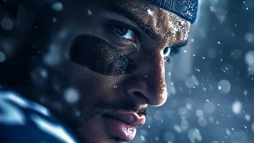 Snow-soaked football player close-up with eye black and bokeh