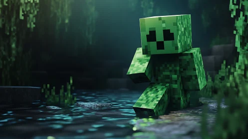 Voxel creeper entity in reflective cave biome environment.