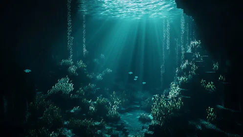 Ethereal light streams into a serene voxel undersea cave