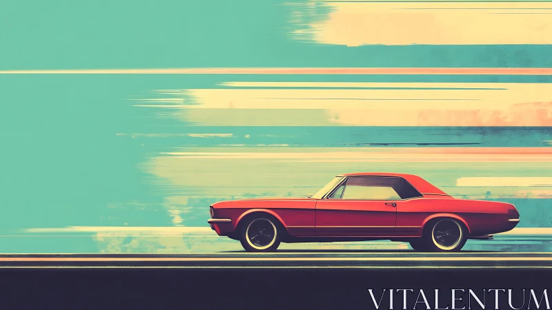 Retro digital painting of red muscle car in lateral motion blur.