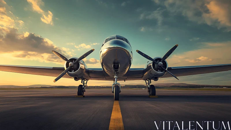 Vintage twin engine propeller airplane on runway at sunset.