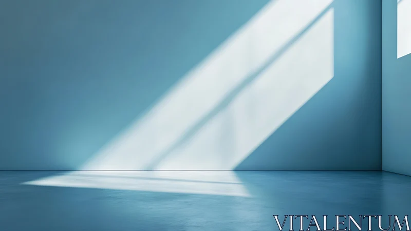 Empty blue room with sharp diagonal sunlight and shadows.