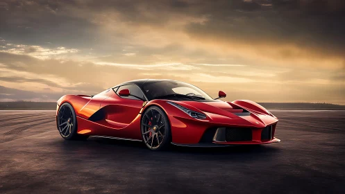 Low-slung red hypercar with aerodynamic surfacing on deserted tarmac