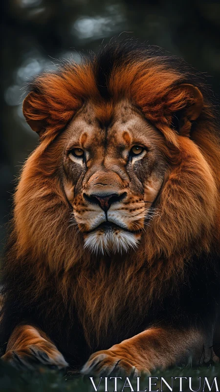 Male lion portrait in dark natural habitat setting.