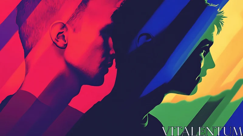 Dual male silhouettes in multicolored abstract overlay design.