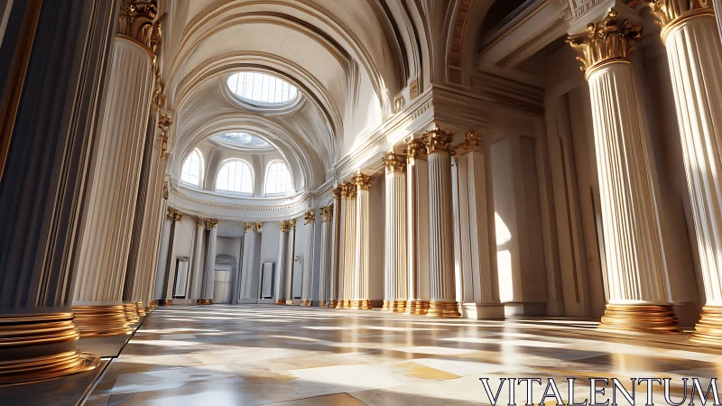 Sunlit palace hall welcomes with graceful arches and gold