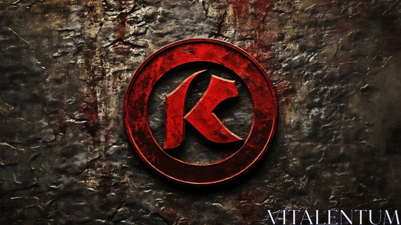 Weathered red K emblem on rugged metal wall backdrop.