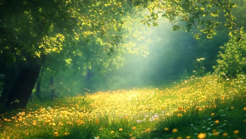 Sunlit Meadow Path with Wildflowers in Dreamy Nature Style.