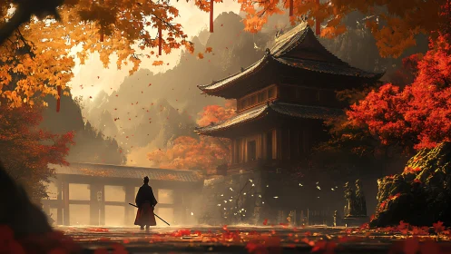 Samurai figure before tiered temple in autumn landscape.