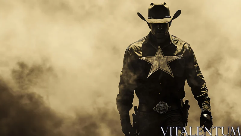 Lone star sheriff strides through swirling desert haze.