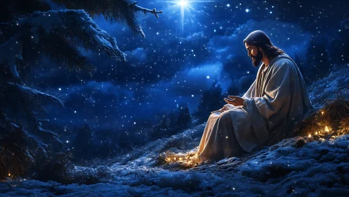 Prayerful Christ under bright Bethlehem star at night.