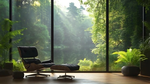Modern lounge chair overlooking misty forest lake panorama.