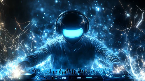 Cyberpunk DJ with neon visor mixing electrified soundscape.