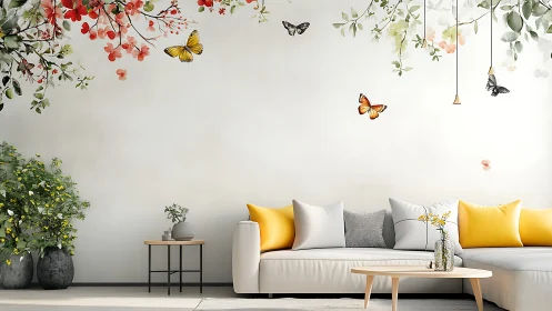 Modern living room with floral wall art and butterflies decor.