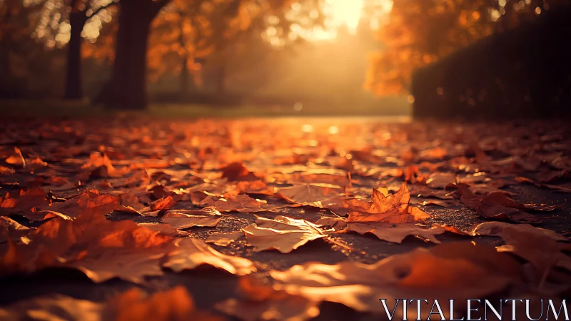 Golden autumn leaves glow softly in warm evening light.