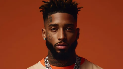 Striking tattooed portrait under warm monochrome lighting.