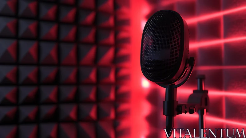 Studio condenser microphone glows against neon acoustic grid